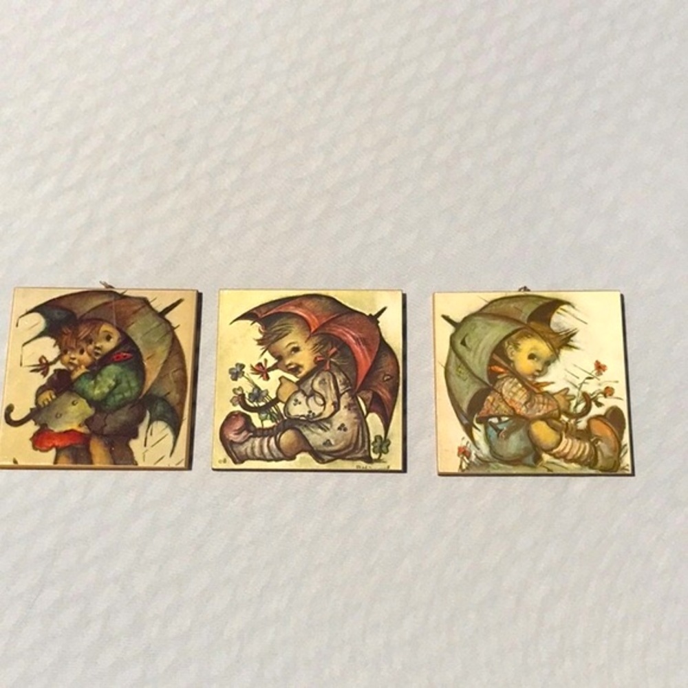 Vintage Goebel Hummel Set of 3 Wooden Wall Plaques Children with Umbrellas